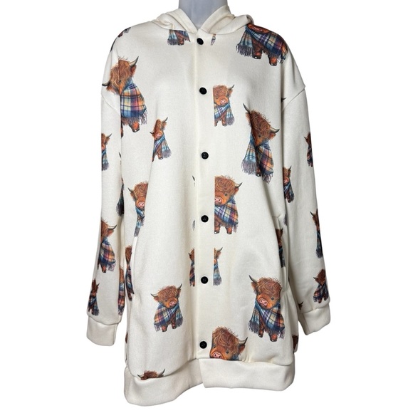 Highland Cow Sweatshirt White All Over Print Long Hoodie Button Front Size 2XL - Picture 1 of 6